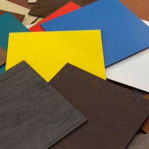 hpl Multi-colored samples of composite materials for the ventilated facades in showroom. Construction