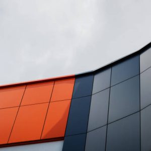details of aluminum facade and aluminum panels on industrial building. Cladding steel frame panels.
